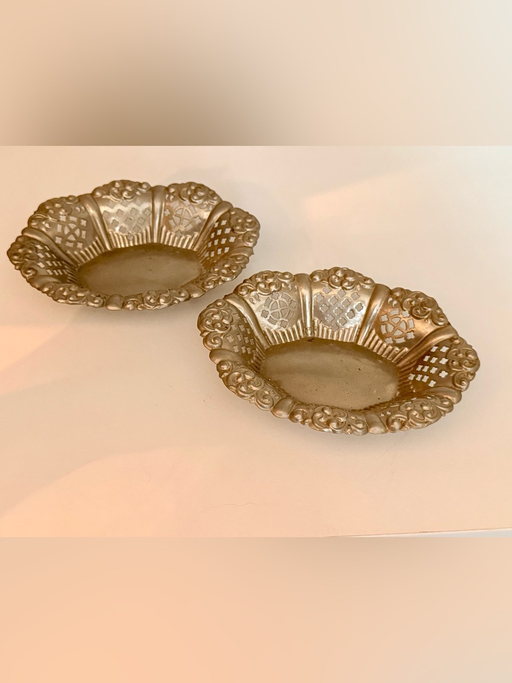 Vintage Pierced Tin Reticulated Bonbon Candy Dish Pair Set of 2